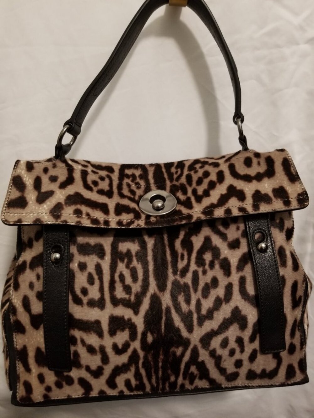 YSL Yves Saint Laurent Muse Two Bag Leopard Print Pony Hair Purse